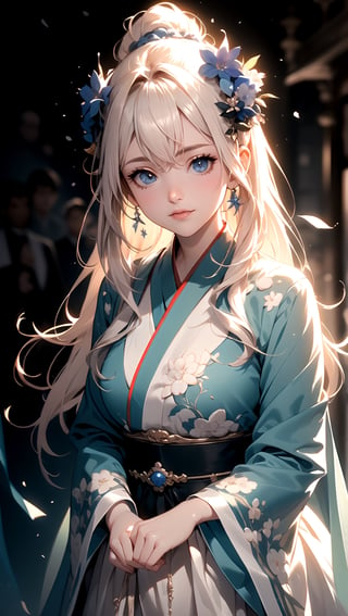Masterpiece, beautiful details, perfect focus, uniform 8K wallpaper, high resolution, exquisite texture in every detail,((background Blur: 2))),
mature woman,Half up and half pony hairstyle, blue eyes, clear and shining deep eyes, smile, happiness, open mouth, hanfu, fluff, outdoor,full body	,
masterpiece, top quality, aesthetic, illustration,