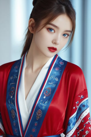 4k, office art, 1girl with slip robe, decorated with complex patterns and exquisite lines, k-pop, blue eyes, dark red lips
