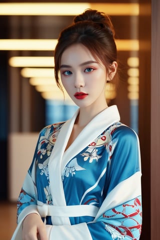 4k, office art, 1girl with slip robe, decorated with complex patterns and exquisite lines, k-pop, blue eyes, dark red lips
