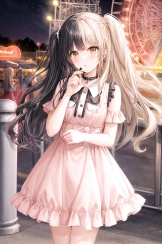 Half Color,girl1,hair blonde half black hair,longhair ,cute outfit ,pastel pink dress,"hairstyle melanie martinez"night light",beautiful face,amusement park background,ferris wheel in the background,(hlfcol haired girl with color1 and col),perfect light