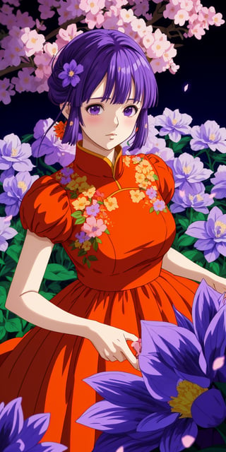 1girl hair purple, anime style , photography of beautiful fashion model with orange dress, laying on purple  flower bed,masterpiece,pov cheek warming,8k best quality, high resolution,cinematic room,purple flower petals flying aesthetic effect 