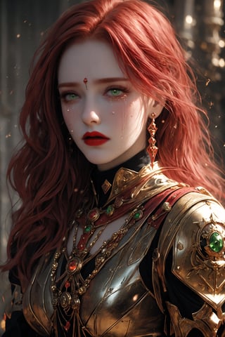 Woman 24 years, redhead,dress with sleeves  ,red lipstick,(eyes green), beauty face, eyeshadow
 ,high quality, best quality ,crying,(tarot card style)