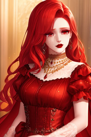Woman 24 years, redhead,dress with sleeves  ,red lipstick,(eyes green), beauty face, eyeshadow
 ,high quality, best quality ,crying,mascaraTears,CryingBlood,Detailedface,vivid colors, 16k,manhwa quality,Detailed