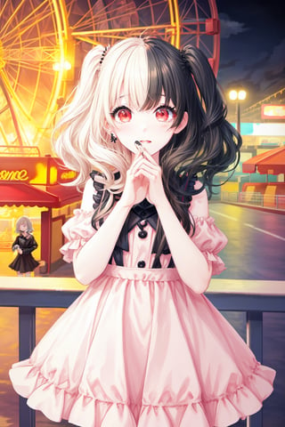 Half Color,girl1,hair blonde half black hair,longhair ,cute outfit ,pastel pink dress,"hairstyle melanie martinez"night light",beautiful face,amusement park background,ferris wheel in the background,(hlfcol haired girl with color1 and col),perfect light