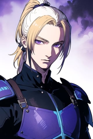 few colors, (masterpiece), best quality, best face, perfect face, Yoshitaka Amano, a boy, ponytail, purple eyes, blond hair, black sky, final fantasy, black and white background, blue armor