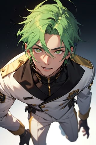 (masterpiece), best quality, expressive eyes, perfect face, detailed face, a boy, acid green hair, golden eyes, effeminate, white uniform black from the chest up, fullbody, happy_face
