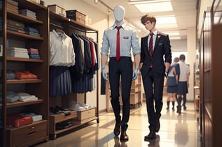 (masterpiece), best quality, mannequin, (white male school uniform, black from the chest up), full body,