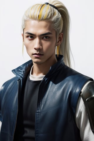 (masterpiece), best quality, expressive eyes, perfect face, centered, (platinum futuristic armor),  (futuristic dojo background), (male), (modern samurai), jinbaori, ((futuristic azure samurai leather long gillet with yellow highlights)), blue, (white hair), (long ponytail), leather, jedi, young, blue, azure, ((white Haori)), cyberpunk