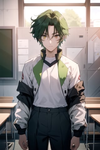 (masterpiece), best quality, best face, perfect face, a girl, female, lime_green hair, short hair, golden eyes, Suzuna, asymmetric bangs, male uniform, white jacket, white pants, technological classroom, yellow t-shirt, Haruka, rokuro_enmadou