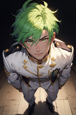 (masterpiece), best quality, expressive eyes, perfect face, detailed face, a boy, acid green hair, golden eyes, effeminate, white uniform, fullbody, happy_face