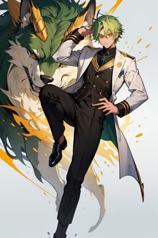(masterpiece), best quality, expressive eyes, perfect face, detailed face, a boy, (acid green hair), (golden eyes), effeminate, (white school uniform, black from the chest up), full body, happy_face