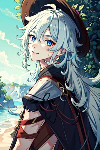 (masterpiece), best quality, expressive eyes, perfect face, perfect eyes, ((best quality)), ((highly detailed)), detailed face, beautiful face, (detailed eyes, deep eyes), girl, (((female))), big deep blue eyes, ((long voluminous hair)), ((white hair)), deep eyes, ((pelt tribal heavy clothes)), razor clothes, skinny, dirty, smile, character \(series\),character \(series\)