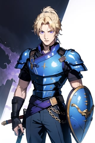 (masterpiece), best quality, best face, perfect face, Yoshitaka_Amano, a boy, blue dressed, blond, purple eyes, ponytail, gold armor pauldron, a sword in his right hand, a shield on his back, few colors, most black and white, long_pants, SAM YANG, xjrex, suzuna, black sky, final fantasy