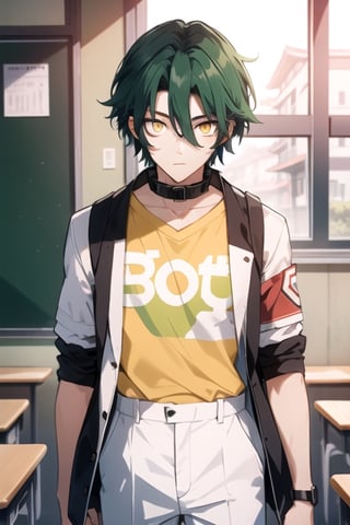 (masterpiece), best quality, best face, perfect face, a girl, acid_green hair, short hair, golden eyes, Suzuna, asymmetric bangs, male clothes, Japanese male school uniform, white jacket with korean collar, white pants, technological classroom, yellow t-shirt,