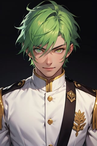 (masterpiece), best quality, expressive eyes, perfect face, detailed face, a boy, acid green hair, golden eyes, effeminate, white uniform black from the chest up, fullbody, happy_face