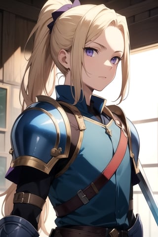 (masterpiece), best quality, best face, perfect face, Yoshitaka_Amano, a guy, blue dressed, blond, purple eyes, ponytail, piece or armor, a sword, a shield