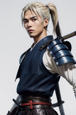 (masterpiece), best quality, expressive eyes, perfect face, centered, (platinum futuristic armor),  (futuristic dojo background), (male), (modern samurai), jinbaori, ((futuristic azure samurai leather long gillet)), (yellow highlights), blue, (white hair), (long ponytail), (futuristic katana at the belt), leather, jedi, young, blue, azure, ((white Haori))