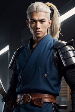 (masterpiece), best quality, expressive eyes, perfect face, centered, (platinum futuristic armor),  (dojo background), (male), (modern samurai), jinbaori, ((futuristic azure samurai leather gillet)), (yellow highlights), blue, (white hair), (long ponytail), (futuristic katana at the belt), leather, jedi, young, blue, azure,