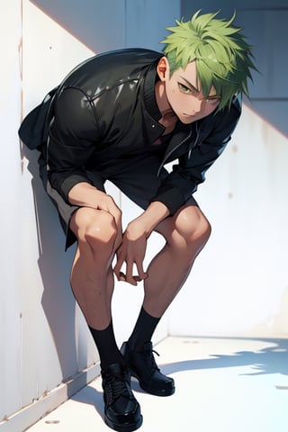 (masterpiece), best quality, best face, perfect face, short guy, skinny, acid-green hair, golden eyes, full_body, girlish, short hair, asymmetrical bangs, gakuran,