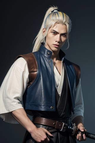 (masterpiece), best quality, expressive eyes, perfect face, centered, (platinum futuristic armor),  (dojo background), (male), (modern samurai), jinbaori, ((futuristic azure samurai leather gillet)), (yellow highlights), blue, (white hair), (long ponytail), (futuristic katana at the belt), leather, jedi, young, blue, azure,