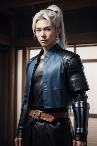 (masterpiece), best quality, expressive eyes, perfect face, a girl, centered, platinum futuristic armor,  dojo background, male, samurai , modern , jinbaori, , samurai jacket , blue, white hair, long ponytail , futuristic katana at belt, leather, jedi, daimyo jacket, young, blue, futuristic leather jinbaori, azure, leather jillet,