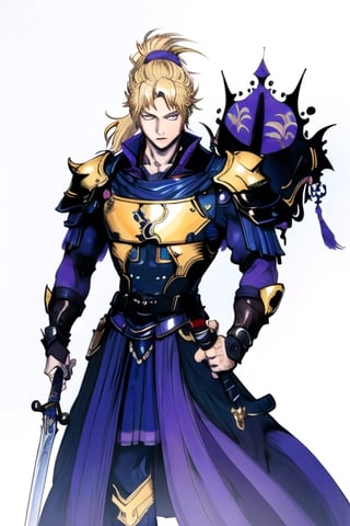 (masterpiece), best quality, best face, perfect face, Yoshitaka_Amano, a guy, blue dressed, blond, purple eyes, ponytail, gold shoulder armor, a sword in his right hand, a shield on his back, few colors, most black and white