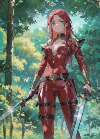 {1girl}, classic fantasy, 2 weapon fighter, {{emerald green short sword}}.  {{ice short sword}},  HDR, UHD, 8K, best quality, {masterpiece}, Highly detailed, slender, {{{{smile}}}}, {{{{unsecure}}}}, messy hair, {{{{long hair}}}}, {voluminous hair}, {{red hair}}, forest, {{{dark red silk catsuit}}}, 20 years old, {{{green eyes}}}, leather armor, sharp facial features, perfect hands, chest fully covered,