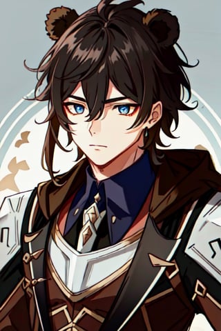 (masterpiece), best quality, expressive eyes, perfect face, perfect eyes, ((best quality)), ((highly detailed)), detailed face, beautiful face, (detailed eyes, deep eyes), male, muscular, big, bear ears, mercenary dress, scy-fy, battle dress, military camouflage suit, dark brown hair, character \(series\)