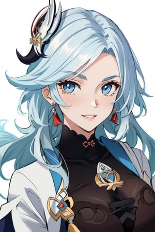 (masterpiece), best quality, expressive eyes, perfect face, perfect eyes, ((best quality)), ((highly detailed)), detailed face, beautiful face, (detailed eyes, deep eyes), girl, (((female))), big deep blue eyes, ((long voluminous hair)), ((white hair)), deep eyes, ((pelt tribal heavy clothes)), poor clothes, fantasy, skinny, dirty face, smile, leather clothes, poor clothes,  brown clothes,shenhe(genshin impact),furina \(genshin impact\),beidoudef