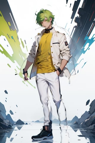 (masterpiece), best quality, best face, perfect face, short guy, skinny, acid-green hair, golden eyes, full_body, girlish, short hair, asymmetrical bangs, gakuran, white jacket, white long pants, yellow t-shirt,