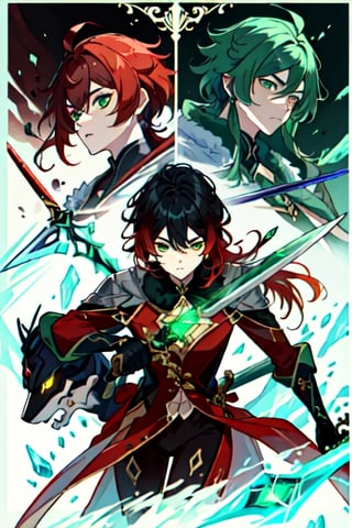 (masterpiece), best quality, expressive eyes, perfect face, perfect eyes, ((best quality)), ((highly detailed)), detailed face, beautiful face, (detailed eyes, deep eyes), female, big green eyes, ((long voluminous hair)), ((red hair)), deep eyes, ((dark red catsuit)), ((((2 swords)))), ((emerald green sword)), ((ice made frost sword)), character \(series\)