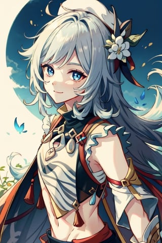 (masterpiece), best quality, expressive eyes, perfect face, perfect eyes, ((best quality)), ((highly detailed)), detailed face, beautiful face, (detailed eyes, deep eyes), girl, (((female))), big deep blue eyes, ((long voluminous hair)), ((white hair)), deep eyes, ((pelt tribal heavy clothes)), razor clothes, skinny, dirty, smile, character \(series\),character \(series\)