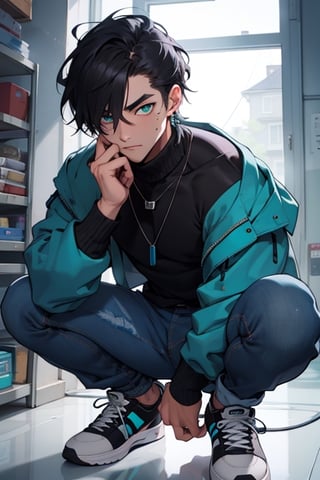 (masterpiece), best quality, expressive eyes, perfect faces, detailed faces, a man, black hair, tuft covering right eye, teal eyes, fullbody, slender, black turtleneck, jeans, sneakers, a single mole just under left eye, shy perfect hands, light blue transparent octahedron earring at left ear, necklace with a vampire canine,  silver ring at left thumb, grey socks