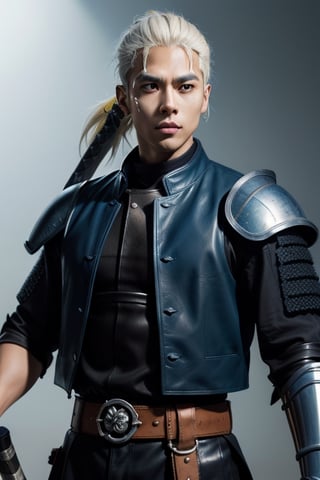 (masterpiece), best quality, expressive eyes, perfect face, centered, (platinum futuristic armor),  (futuristic dojo background), (male), (modern samurai), jinbaori, ((futuristic azure samurai leather long gillet)), (yellow highlights), blue, (white hair), (long ponytail), (futuristic katana at the belt), leather, jedi, young, blue, azure,