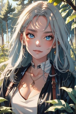 {1girl}, classic fantasy, magician, white skin, HDR,UHD,8K, best quality, {masterpiece}, Highly detailed, slender, {{smile}}, messy hair, {{long hair}}, {{silver hair}}, forest, {{{pelt and leather clothes}}}, {{{{really Poor clothes}}}}, fur coat, dirt on her face, dirt on her hair, dirt on her clothes, 16 years old, simple clothes, prehistoric clothes,