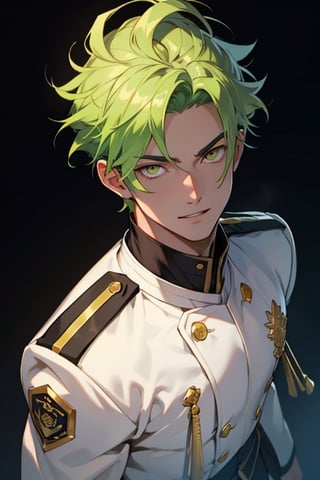 (masterpiece), best quality, expressive eyes, perfect face, detailed face, a boy, (acid green hair), (golden eyes), effeminate, (white uniform, black from the chest up), full body, happy_face