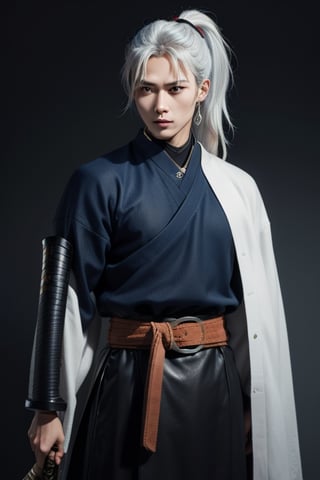 (masterpiece), best quality, expressive eyes, perfect face, a girl, centered, platinum futuristic armor,  dojo background, male, samurai , modern , jinbaori, , samurai jacket , blue, white hair, long ponytail , futuristic katana at belt, leather, jedi, daimyo jacket, young, blue, futuristic leather jinbaori,