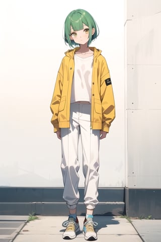 (masterpiece), best quality, best face, perfect face, a girl, skinny, acid-green hair, golden eyes, full_body, pixie short hair, asymmetrical bangs, gakuran, white elegant jacket, white elegant long pants, yellow t-shirt, flat chest, sox, sneakers