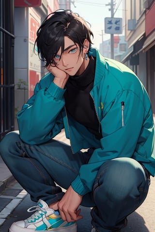 (masterpiece), best quality, expressive eyes, perfect faces, detailed faces, a man, black hair, tuft covering right eye, teal eyes, fullbody, slender, black turtleneck, jeans, sneakers, a single mole just under left eye, shy perfect hands, light blue prism earring at left ear