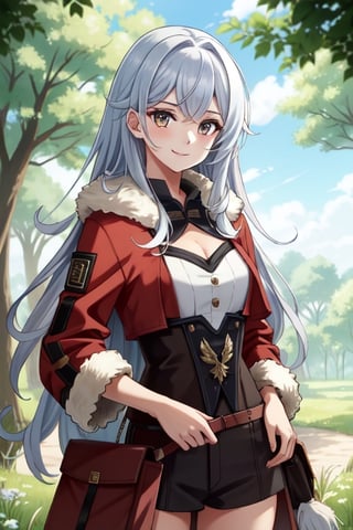 {1girl}, magician, white skin, HDR,UHD,8K, best quality, {masterpiece}, Highly detailed, slender, {{smile}}, messy hair, {{long hair}}, {{silver hair}}, forest, {{{pelt and leather clothes}}}, {{{{really Poor clothes}}}}, fur coat, dirt,