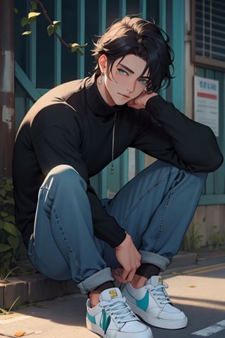 (masterpiece), best quality, expressive eyes, perfect faces, detailed faces, a man, black hair, tuft covering right eye, teal eyes, fullbody, slender, black turtleneck, blue jeans, sneakers, one mole just under left eye, shy perfect hands, light blue prism earring at left ear