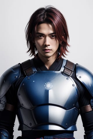 (masterpiece), best quality, expressive eyes, perfect face, centered, (platinum futuristic japanese armor),  (futuristic dojo background), (male), (modern samurai), blue, (dark red hair), leather, jedi, young, blue, azure, ((white Haori)), cyberpunk, bulk