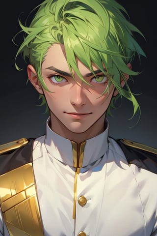 (masterpiece), best quality, expressive eyes, perfect face, detailed face, a boy, acid green hair, golden eyes, effeminate, white uniform, fullbody, happy_face