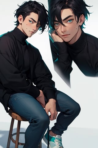 (masterpiece), best quality, expressive eyes, perfect faces, detailed faces, a man, black hair, tuft covering right eye, teal eyes, fullbody, slender, black turtleneck, blue jeans, sneakers, mole under left eye, shy perfect hands