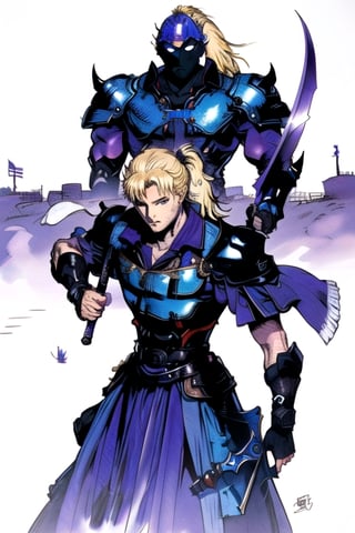 (masterpiece), best quality, best face, perfect face, Yoshitaka_Amano, a guy, blue dressed, blond, purple eyes, ponytail, few pieces of armor, a sword, a shield, few colors, most black and white