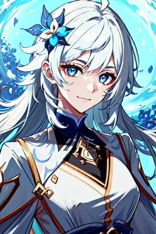 (masterpiece), best quality, expressive eyes, perfect face, perfect eyes, ((best quality)), ((highly detailed)), detailed face, beautiful face, (detailed eyes, deep eyes), female, big deep blue eyes, ((long voluminous hair)), ((white hair)), deep eyes, ((pelt tribal heavy clothes)), smile, character \(series\)