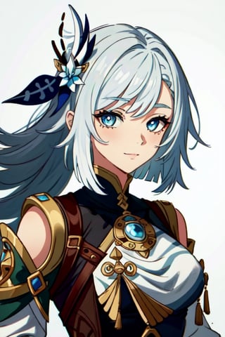 (masterpiece), best quality, expressive eyes, perfect face, perfect eyes, ((best quality)), ((highly detailed)), detailed face, beautiful face, (detailed eyes, deep eyes), girl, (((female))), big deep blue eyes, ((long voluminous hair)), ((white hair)), deep eyes, ((pelt tribal heavy clothes)), poor clothes, razor clothes, skinny, dirty face, smile, character \(series\),character \(series\),leather