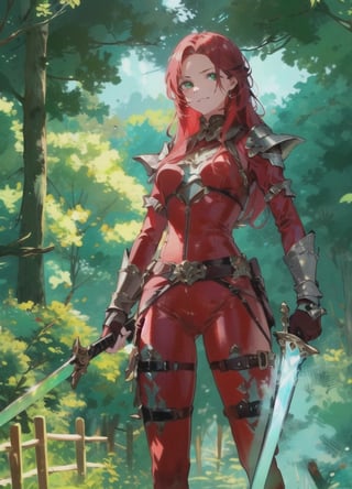 {1girl}, classic fantasy, 2 weapon fighter, {{emerald green short sword}}.  {{ice short sword}},  HDR, UHD, 8K, best quality, {masterpiece}, Highly detailed, slender, {{{{smile}}}}, {{{{unsecure}}}}, messy hair, {{{{long hair}}}}, {voluminous hair}, {{red hair}}, forest, {{{dark red silk catsuit}}}, 20 years old, {{{green eyes}}}, leather armor, sharp facial features, perfect hands, breastplate,