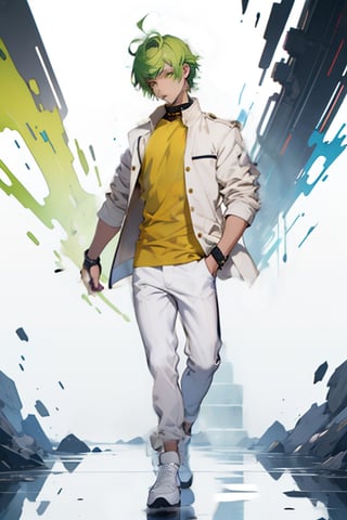 (masterpiece), best quality, best face, perfect face, short guy, skinny, acid-green hair, golden eyes, full_body, girlish, short hair, asymmetrical bangs, gakuran, white jacket, white long pants, yellow t-shirt,