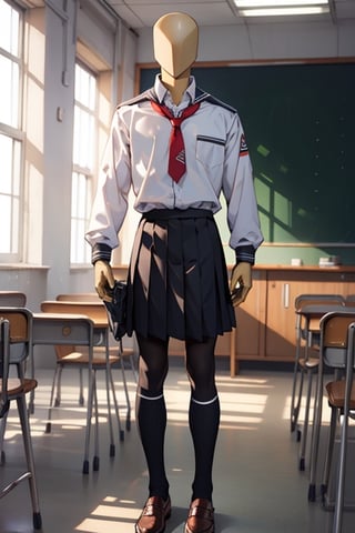 (masterpiece), best quality, mannequin, (white school uniform, black from the chest up), full body,